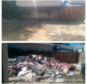 Before and after photos showing a backyard cleared of junk by GO WITHOUT JUNK in Burbank, CA.