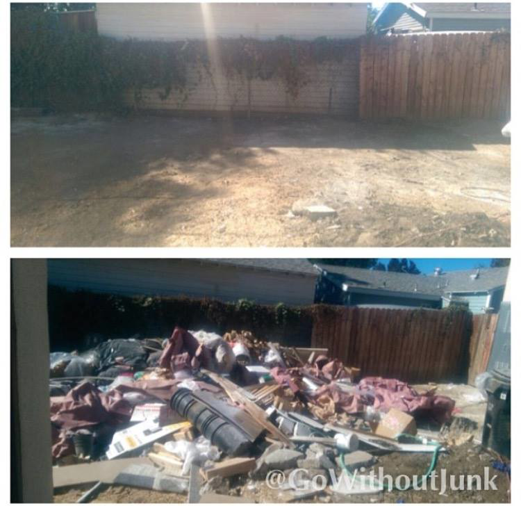 Before and after photos showing a backyard cleared of junk by GO WITHOUT JUNK in Burbank, CA.