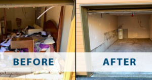 Before and after photos of a complete garage cleanout service by New Haul Junk Removal in South El Monte, CA.