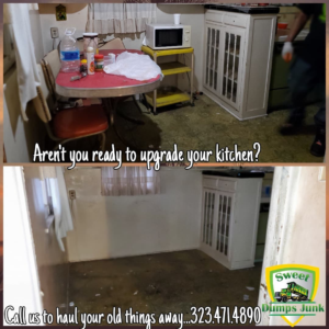 Before and after photos showing a kitchen cleared of old items by Sweet Dumps Junk in Los Angeles, CA.