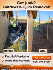 Before and after photos of a side yard junk removal service by New Haul Junk Removal in South El Monte, CA.