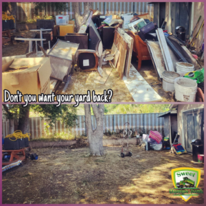 Before and after photos of a yard cleared of extensive junk by Sweet Dumps Junk in Los Angeles, CA.