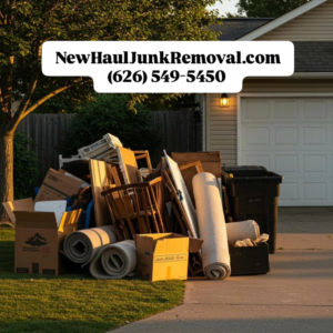 A large pile of mixed junk and debris on a driveway awaiting removal by New Haul Junk Removal in South El Monte, CA.