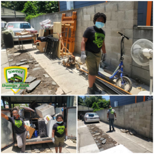A collage showing junk removal in progress, from a pile of items to a loaded truck, by Sweet Dumps Junk in Los Angeles, CA.