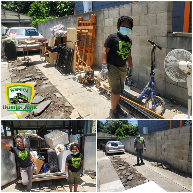 A collage showing junk removal in progress, from a pile of items to a loaded truck, by Sweet Dumps Junk in Los Angeles, CA.