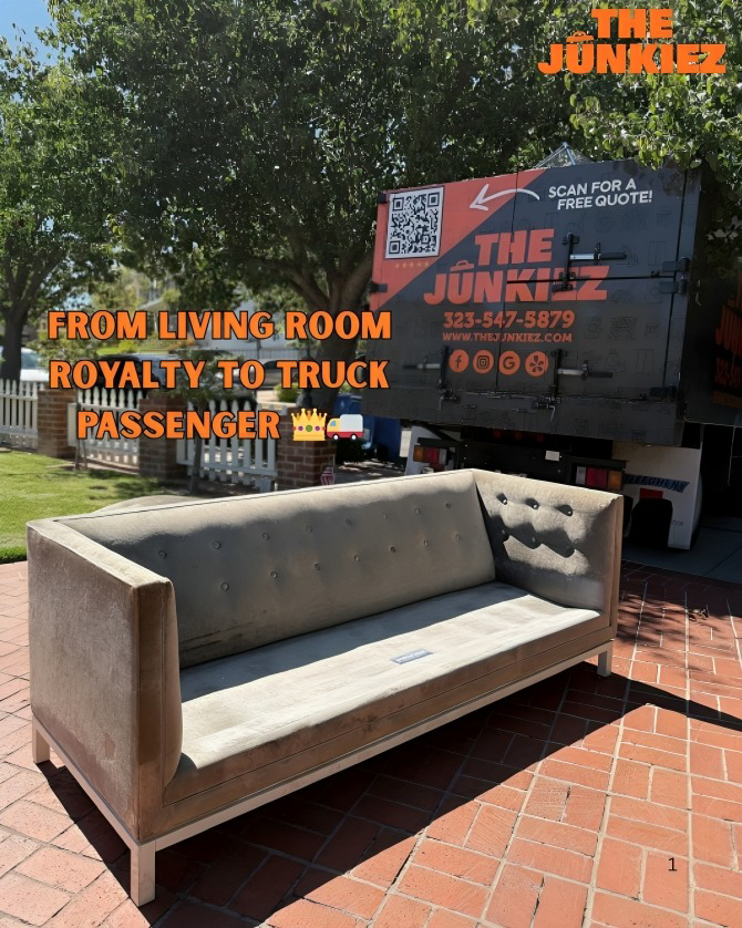 An old sofa placed on a patio, ready for pickup by The Junkiez Junk Removal team in Los Angeles, CA.