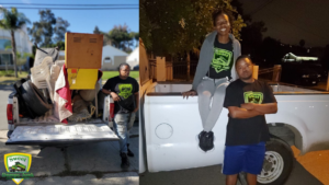 A Sweet Dumps Junk team member stands next to a pickup truck loaded with various junk items in Los Angeles, CA.