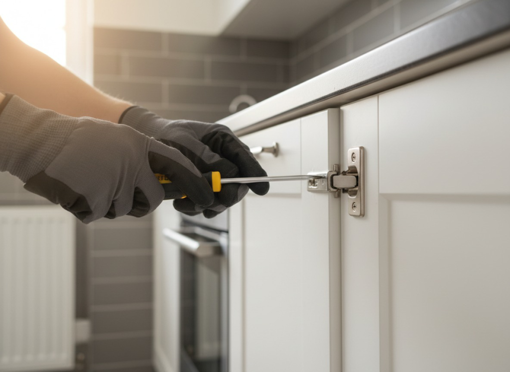 A professional adjusting a kitchen cabinet hinge, a service provided by Kennyman The Handyman Inc. in San Francisco, CA.