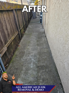 An 'after' photo showing a narrow outdoor path completely cleared of junk by All American Junk Removal And Demo LLC in Citrus Heights, CA.
