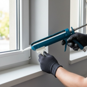 A professional applying caulk to a window frame, a service offered by Kennyman The Handyman Inc. in San Francisco, CA.