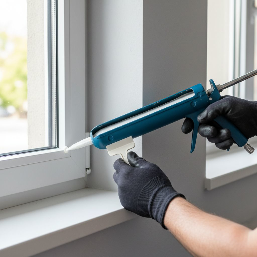 A professional applying caulk to a window frame, a service offered by Kennyman The Handyman Inc. in San Francisco, CA.