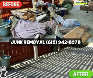 A before and after photo showing a patio cleared of a large pile of junk by Johan's Junk Removal and Hauling in San Diego, CA.