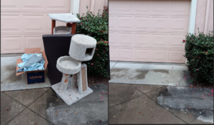 Before and after of a cat tree and cardboard box removed from a driveway by Covered2Clean in Sacramento, CA.