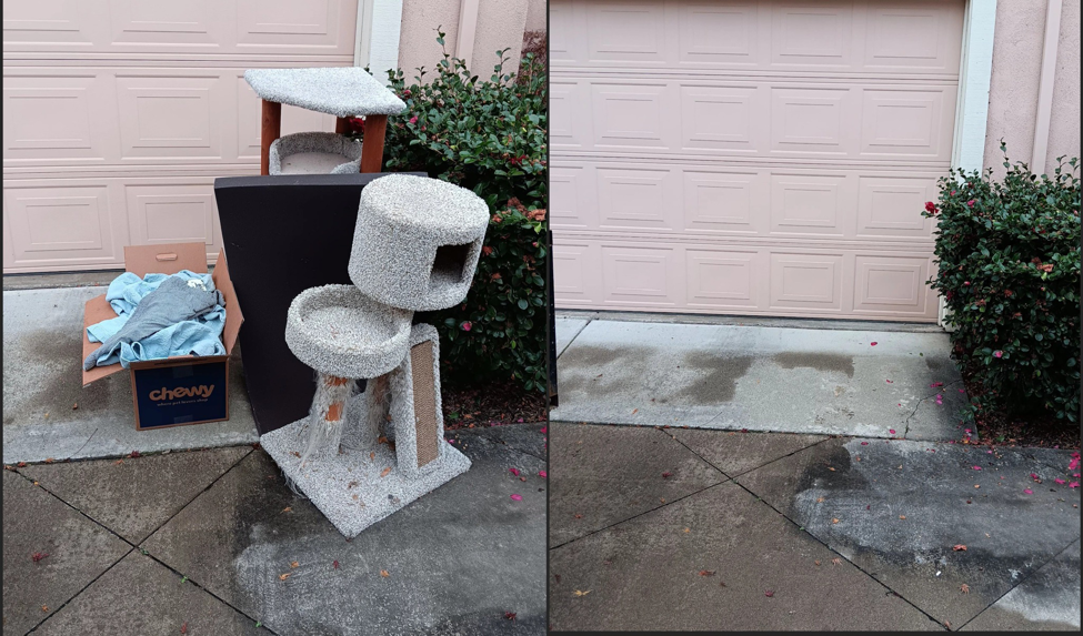 Before and after of a cat tree and cardboard box removed from a driveway by Covered2Clean in Sacramento, CA.
