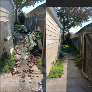 Before and after of construction debris and yard waste removed from a side yard by Covered2Clean in Sacramento, CA.