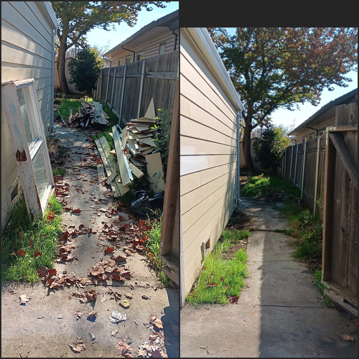 Before and after of construction debris and yard waste removed from a side yard by Covered2Clean in Sacramento, CA.
