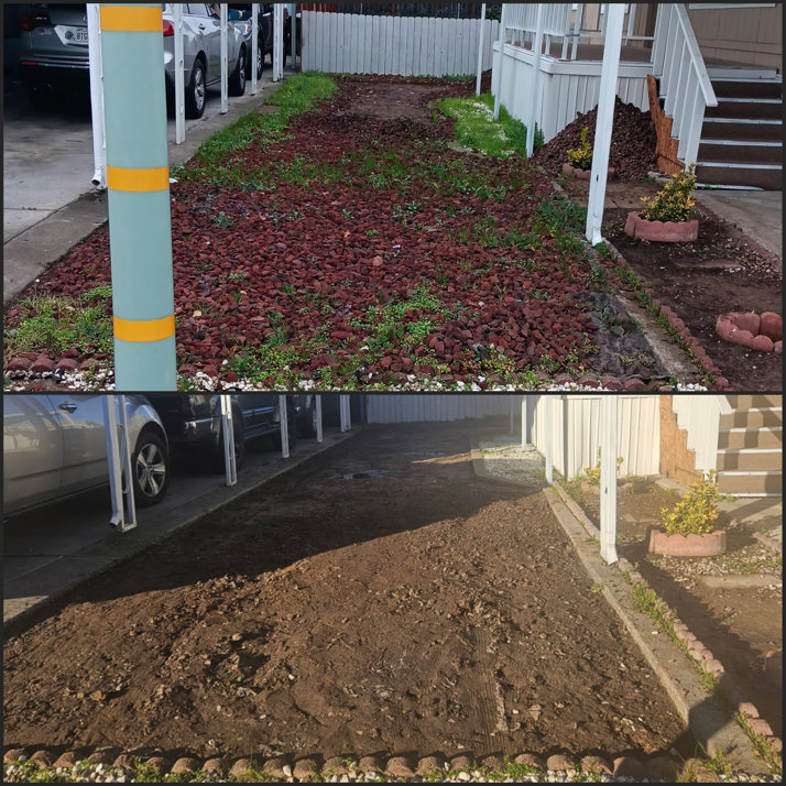 Before and after of a ground area cleared of mulch, rocks, and weeds by Covered2Clean in Sacramento, CA.