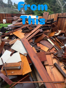 A large pile of wood and construction debris before junk removal by Ditch it in Martinez, CA.