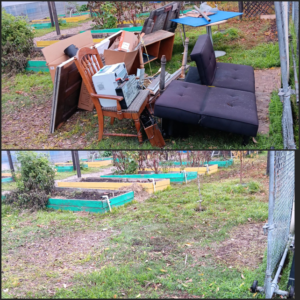 Before and after of outdoor furniture and miscellaneous junk removed from a garden area by Covered2Clean in Sacramento, CA.
