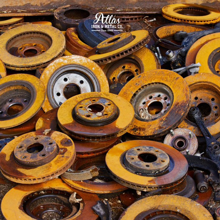 A large pile of rusty car brake rotors ready for recycling at Atlas Iron & Metal Co. in Los Angeles, CA