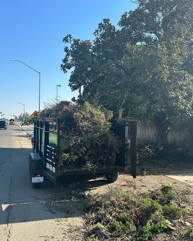 A trailer filled with yard waste and branches during a cleanup job by Fresno Hauling Heroes Junk Removal in Fresno, CA.